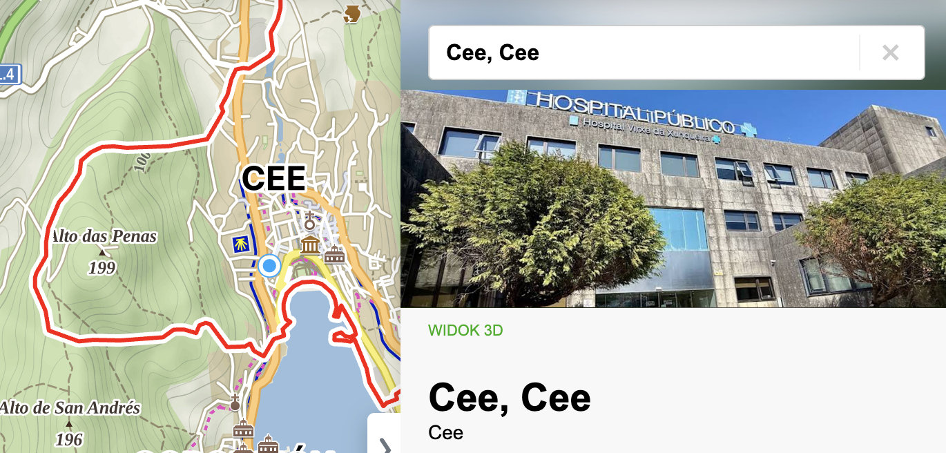 Mapa miejscowości Cee zachęcająca „Możesz pomóc innym, dodając zdjęcie tego miejsca” — w miejscu zaproszenia wstawione własne zdjęcie: Hospital Virxe da Xunqueira.